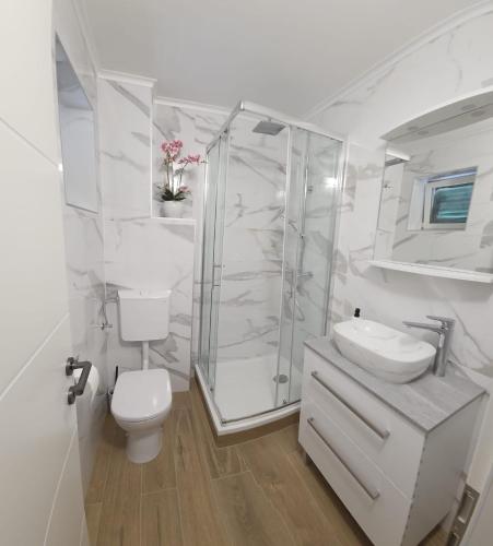 a bathroom with a shower and a toilet and a sink at Guesthouse Ivan in Skradin