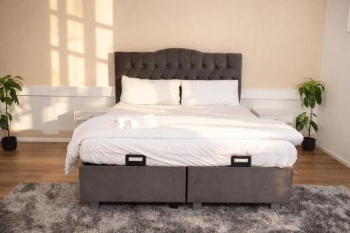 a bedroom with a large bed with a gray headboard at Deluxe Urban Stay in Linz