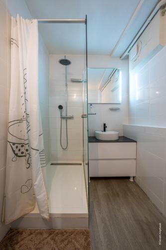 a bathroom with a glass shower and a sink at Maison au cœur de Saumur Cour privée Parking gratuit Wi-Fi in Saumur