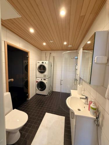 a bathroom with a washing machine and a washer and dryer at Villa Cuisine in Joensuu