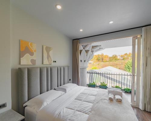 a bedroom with a large bed and a large window at Villa Florence in Tirana