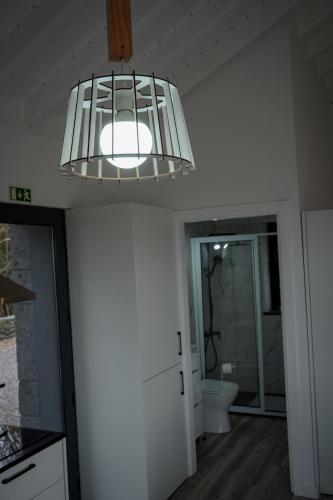 a kitchen with a light hanging from a ceiling at AL Adega do Calcetas in Cais do Mourato