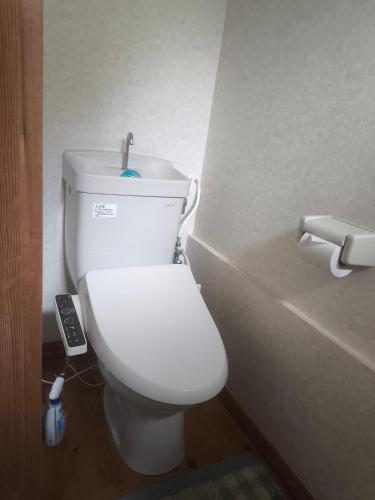 a white toilet in a bathroom with a remote control at 河津町天川旅館 in Shimo-sagano