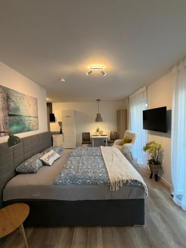 a bedroom with a large bed and a tv at Smart-Stay Bielefeld in Bielefeld