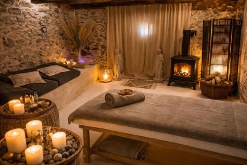 a living room with a couch and a fireplace at Chambre d'hotes Bessiard in Laparrouquial