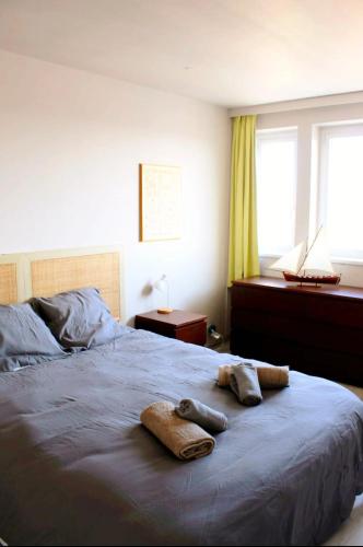 a bedroom with a bed with two towels on it at Charming 96m2 fantastic view in Tourcoing