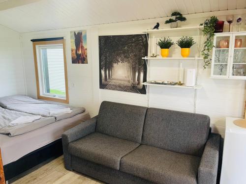 a living room with a couch and a bed at Vestra Fíflholt Cabin 4 in Hvolsvöllur