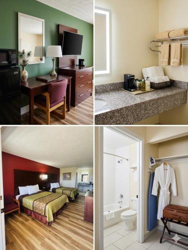 four pictures of a hotel room with a bed and a desk at Surry Inn - Dobson - I-77 - Exit 93 in Dobson