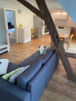 a blue couch with pillows sitting in a living room at Weingut Göbel-Schausten in Ernst