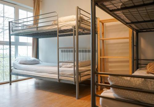 a bunk bed room with two bunk beds in it at San Sebastian Surf and Party Hostel in Aia