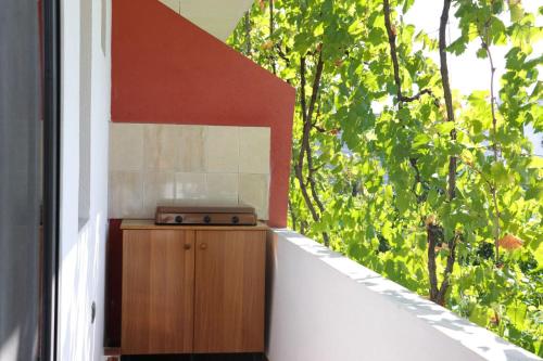 a room with a counter and a window with trees at Green Villa in Velipojë
