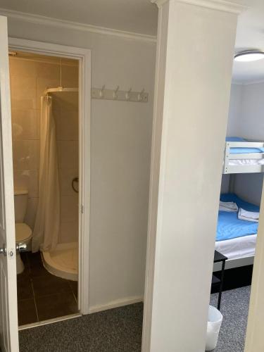 a room with a bathroom with a shower and a bed at Alma House in Dover