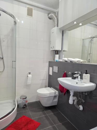 a bathroom with a toilet and a sink and a shower at GreatLoft Apartament in Oświęcim