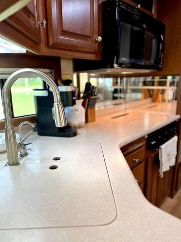 a kitchen counter with a sink and a microwave at Wilderness Retreat in Alba