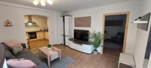 a living room with a couch and a tv at Gästehaus Bergwald in Kurort Gohrisch