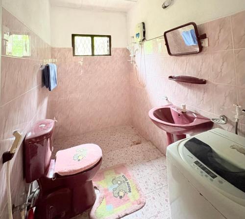 a bathroom with a pink toilet and a sink at Laa Villa Kandy in Kandy