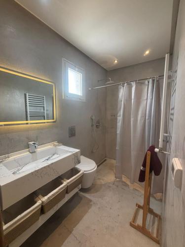 a bathroom with a sink and a toilet and a shower at Sea View 1 Bedroom Apartment with 100m Terrace in Sousse