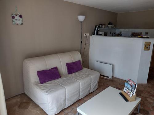 a living room with a white couch with purple pillows at Gîtes de beaux rêves, Glycine in Uxeau