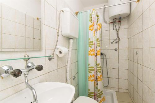 a bathroom with a toilet and a shower at Apartments Irena in Tkon