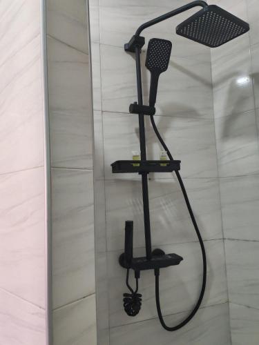 a shower in a bathroom with a shower head at Two Lions Hotel in Tbilisi City
