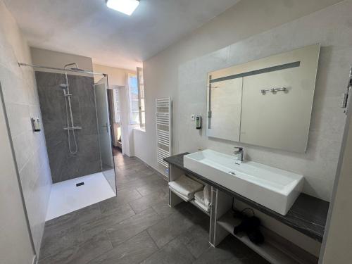 a bathroom with a sink and a shower at Logis Hôtel Restaurant Le Pradinas in Anduze
