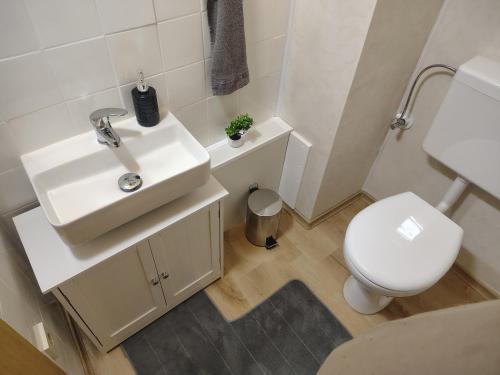 a bathroom with a white sink and a toilet at Ferienhaus St Martin in Schalkenmehren