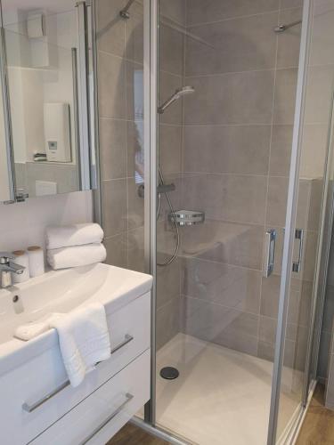 a bathroom with a shower and a sink and a glass shower stall at RUeM-HART-I-Whg-2 in Hörnum
