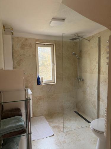 a bathroom with a shower with a glass door at UKRYTY SKARB in Głobikówka
