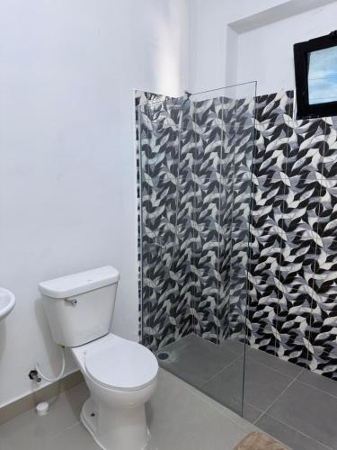 a bathroom with a toilet and a shower curtain at Aparta Hotel Mi Dulce Amanecer 2 in Cabrera