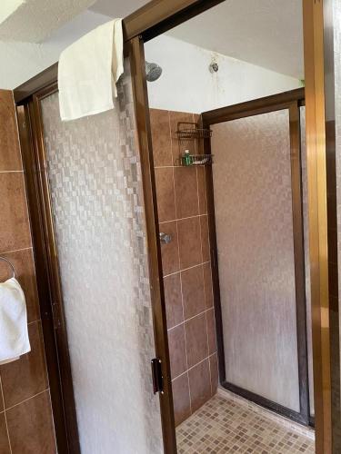 a shower with a glass door in a bathroom at Casa Amelia Hotel & Boutique in Zacatlán