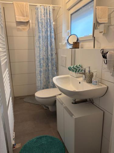 a bathroom with a sink and a toilet and a window at Casa Tua An der Weinstraße in Neustadt an der Weinstraße
