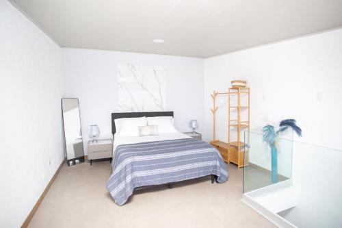 a white bedroom with a bed and a mirror at Casa Irazú in Cartago