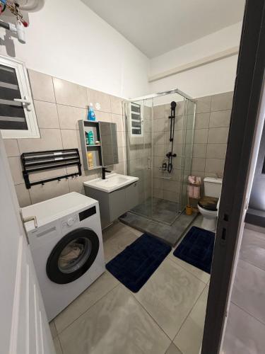 a bathroom with a washing machine and a toilet at Le manga in Chiconi
