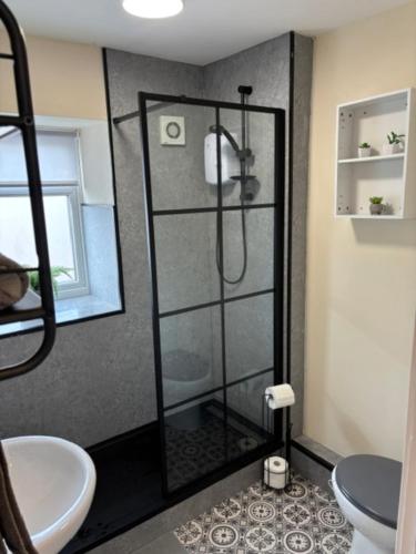 a bathroom with a shower with a toilet and a sink at Middlecroft in Chesterfield
