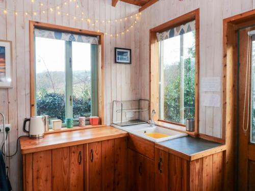 a kitchen with a sink and two windows at Cosy Eco Cabin in Newport