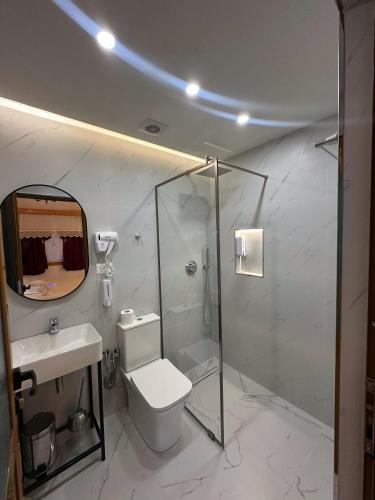 a bathroom with a toilet and a shower and a sink at Mani Guest House in Gjirokastër