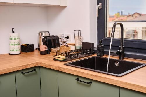 a kitchen counter top with a sink and a counter top at Matcha Garden apartment in Dumbrăviţa