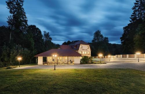 a building at night with lights in the grass at Penzion Čítkův Mlýn in Šluknov