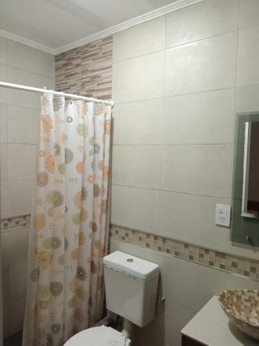 a bathroom with a toilet and a shower curtain at Duplex a pazos del muelle in Mar de Ajó