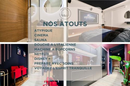 a collage of pictures of a room with a sign that reads nos orbits at Cinéma Privé & Sauna - Nuit Romantique in Armentières
