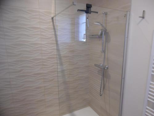 a shower with a glass door in a bathroom at Coeur de Bonnieux in Bonnieux