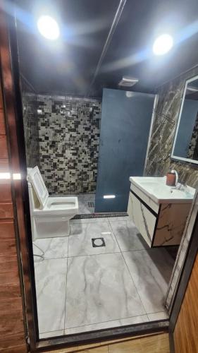 a bathroom with a sink and a toilet at Bubble RumCamp in Wadi Rum