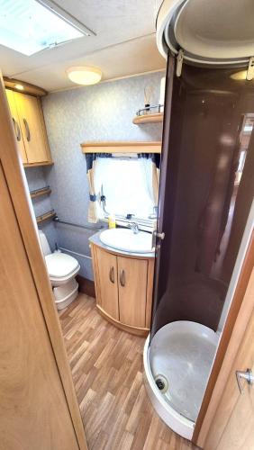 a small bathroom with a toilet and a sink at Karavan na samotě u lesa in Zámrsky