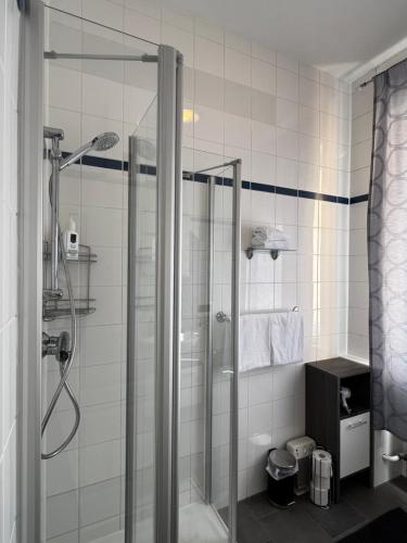 a bathroom with a shower with a glass door at Gästehaus Flair in Mettlach