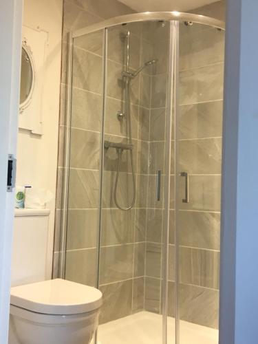 a bathroom with a shower with a toilet at Lakeside Apartment in Enniskillen