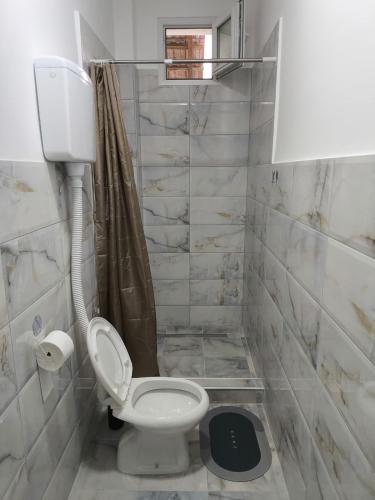 a white bathroom with a toilet and a shower at Gorica in Negotin