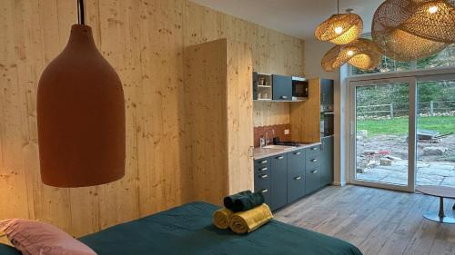 a room with a kitchen with wooden walls at Casa Mypi in Reinhardsmunster