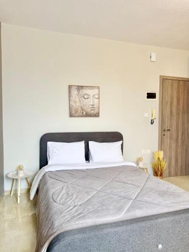 a bedroom with a large bed with white walls at Sunny apartment in Serres