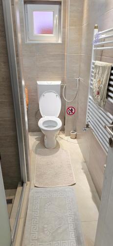 a small bathroom with a toilet and a window at Urban Pool & Relax Apartment in Sarajevo