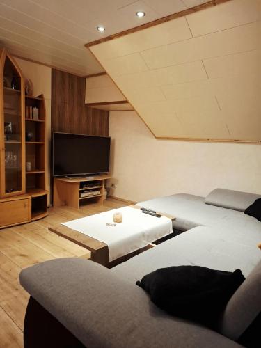 a living room with two couches and a flat screen tv at Gemütliches Apartment am Gottesberg in Muldenhammer